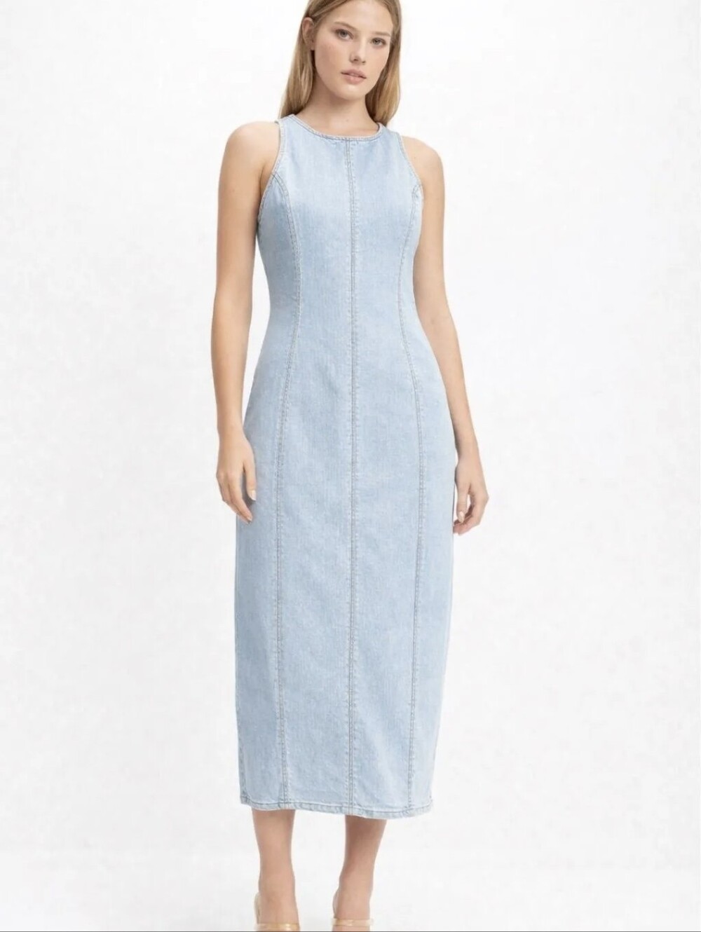 HYFVE BRAND Light Blue Denim Midi Sheath Dress - Sleeveless NWOT